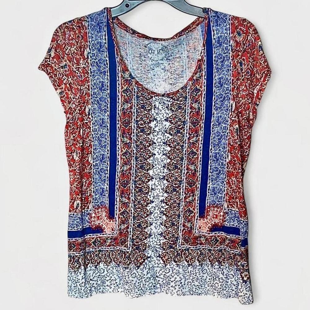 Lucky Brand Red White Blue Aztec Paisley Thrashed Short Sleeve Shirt - Size M